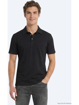 Kip Siyah Düz Pamuk Karışımlı T-Shirt