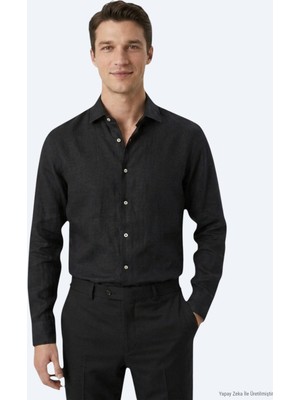 Kip Siyah Regular Fit Uzun Dokuma Casual Pamuk Karışımlı Gömlek