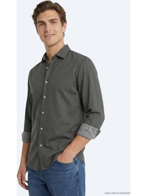 Kip Kahverengi Düz Regular Fit Uzun Dokuma Casual Pamuk Karışımlı Gömlek