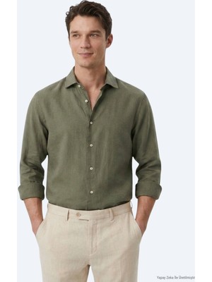 Kip Haki Regular Fit Uzun Dokuma Casual Pamuk Karışımlı Gömlek