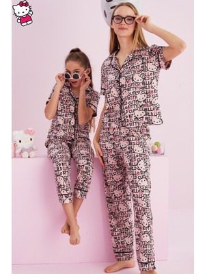 Siyah İnci Hello Kitty Lisanslı %100 Pamuk Pembe Çok Renkli Düğmeli Biyeli Pijama Takım