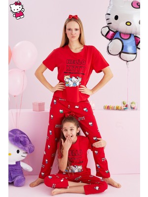 Siyah İnci Hello Kitty Lisanslı %100 Pamuk Kırmızı Çok Renkli Bisklet Yaka Pijama Takım