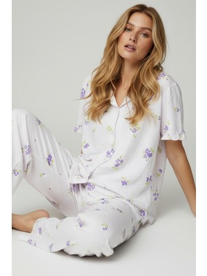 Siyah İnci Ekru Lila Çiçek Desenli Fırfırlı Düğmeli Pamuklu Örme Pijama Takımı 8035