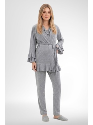 Mecit Pijama Mecit 6403 Gri Sabahlıklı Lohusa Pijama Takımı