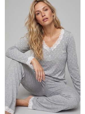 Siyah İnci Gri Beyaz Puan Desenli Düğmeli Dantelli Örme Pijama Takımı 8030