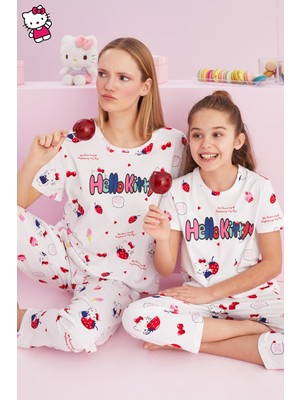 Siyah İnci Hello Kitty Lisanslı %100 Pamuk Beyaz Çok Renkli Bisklet Yaka Pijama Takım