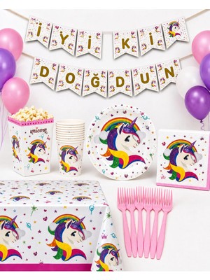 Unicorn Temalı 94 Parça 16 Kişilik Doğum Günü Seti Tabak Bardak Balon Flama