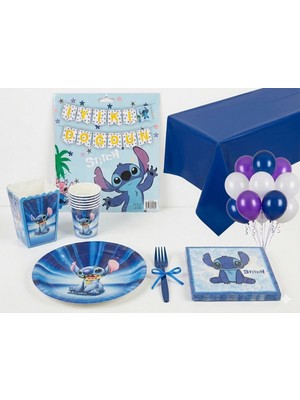 Stitch Temalı 52 Parça 8 Kişilik Doğum Günü Seti Tabak Bardak Balon Flama