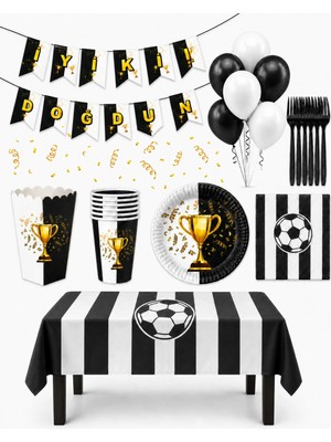Siyah Beyaz Temalı 94 Parça 16 Kişilik Doğum Günü Seti Tabak Bardak Balon Flama