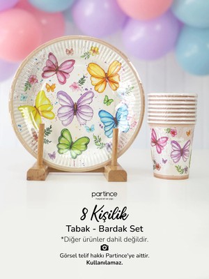 Partince 8 Kişilik Pastel Kelebek Çiçek Tema Kullan At Karton Tabak Bardak Parti Seti
