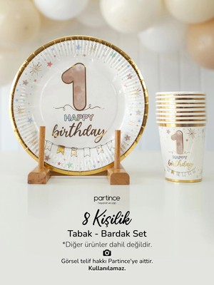 Partince 8 Kişilik Gold Yaldız 1 Yaş Tabak Happy Birthday Karton Kullan At Tabak 1 Yaş Parti Seti