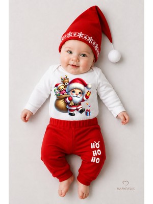 Babyden's Bebek Yılbaşı Noel Kıyafeti 3’lü Set ,santa Baskılı Uzun Kollu Body, Kırmızı Fitilli Pantolon,şapka