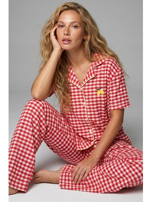 Siyah İnci Kırmızı Ekose Kareli Nakışlı Düğmeli Biyeli Ince Soft Örme Pijama Takımı 8001