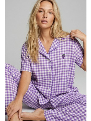 Siyah İnci Mor Ekose Kareli Nakışlı Düğmeli Biyeli Ince Soft Örme Pijama Takımı 8001