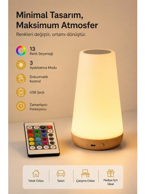 Neo Vista Rgb Dokunmatik LED Masa Lambası Kumandalı, USB Şarjlı, 1500 Mah, Renk Değiştiren Gece Lambası