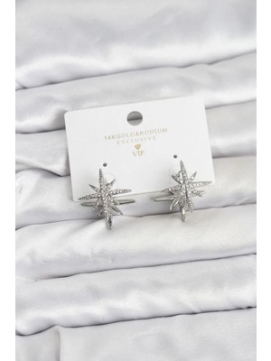 Inure Jewelry Gümüş Renk Pirinç Çift Taraflı Kutup Yıldızı Kadın Küpe