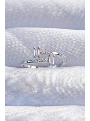 Inure Jewelry Pirinç Gümüş Renk Zirkon Taşlı Geometrik Ayarlanabilir Yüzük