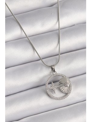 Inure Jewelry 316L Çelik Gümüş Renk Zincir Zirkon Taşlı Yıldız Madalyon Model Kadın Kolye