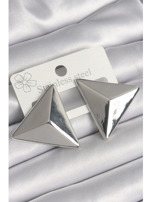 Inure Jewelry Pirinç Gümüş Renk 3D Üçgen Model Kadın Küpe