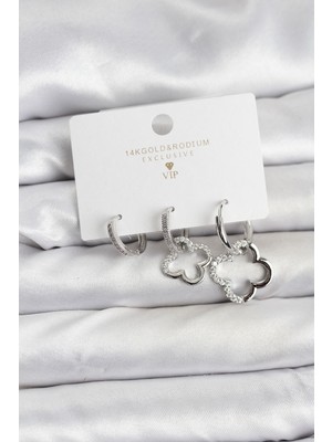 Inure Jewelry Yonca Model Gümüş Renk Pirinç 3'lü Kadın Küpe Seti