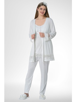Mecit Pijama Mecit 1525 Ekru Sabahlıklı Lohusa Pijama Takımı