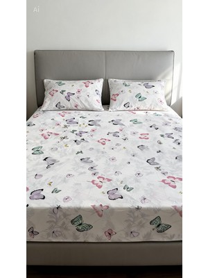 Kumaşçıtr Linear Soft %100 Pamuk Lastikli Çarşaf ve Yastık Kılıfı Takımı Kelebek Desenli 30CM Kenar Yüksekliği