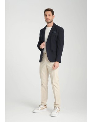 Frappoli Cazino Erkek Lacivert Slim Fit Dar Kesim Desenli Yarım Astar Mevsimlik Spor Blazer Ceket
