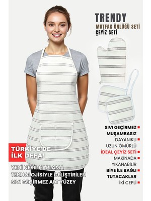 Trendy 3lü Set Sıvı Su Geçirmez Mutfak Önlüğü Isıya Dayanıklı Fırın Eldiveni ve Tutacak Çeyiz Seti