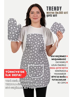 Sevilya Trendy 3lü Set Sıvı Su Geçirmez Mutfak Önlüğü Isıya Dayanıklı Fırın Eldiveni Ve Tutacak Çeyiz Seti