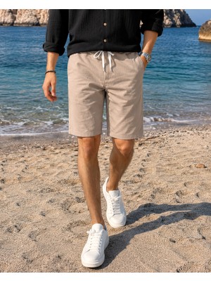 İnpool Bel Lastikli-Bağcıklı,regular Fit, Yazlık, Old Money Culture, Keten (Linen), Dokuma Şort 24INP285