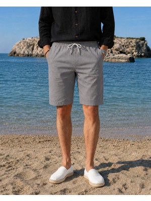 İnpool Bel Lastikli-Bağcıklı,regular Fit, Yazlık, Old Money Culture, Keten (Linen), Dokuma Şort 24INP285
