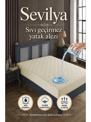 Sevilya %100 Pamuk Kapitoneli Sıvı Geçirmez Bej Renkli Yatak Alezi Yatak Koruyucu Alez Çarşaf