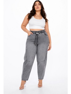 Zanessi Büyük Beden Denim Kemerli Yüksek Bel Mom Kadın Pantolon