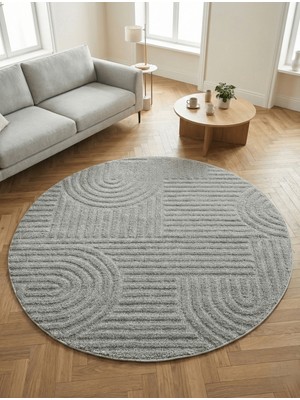 Anaska Home Modern Yuvarlak Gri Halı Organik Çizgili Kabartma Dokulu Salon & Oturma Odası Halısı