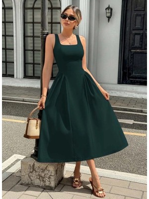 Lune Store Kadın Askılı Kare Yakalı Uzun Ithal Krep Elbise