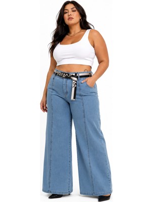Zanessi Büyük Beden Denim Kemerli Yüksek Bel Geniş Paça Kadın Pantolon
