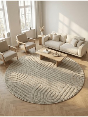 Anaska Home Modern Yuvarlak Bej Halı Organik Çizgili Kabartma Dokulu Salon & Oturma Odası Halısı