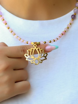 Esha Store Doğal Taş Pembe Kuvars Ametist Hematit Doğal Taşlı Lotus Çiçeği Kadın Kolye EUK55PKA Ruhsal Arınma, Sevgi ve Enerji Kalkanı