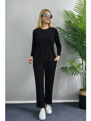 Lune Store Kadın Uzun Kol Bisiklet Yaka Bürümcük Bluz ve Pantolon Ikili Takım