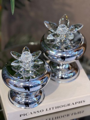 YNSK Chacha Home 2'li Metal Ayaklı Kristal Lotus Kapaklı  Lüks Dekoratif Kutu Seti (18 cm & 15 Cm)