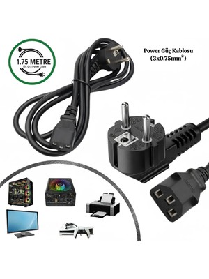 Vorex 1.75 Metre Standart Power Kablosu PC Bilgisayar Monitör Yazıcı Güç Kablosu 3 Pin IEC C13 Kasa Elektrik Bağlantı Kablosu