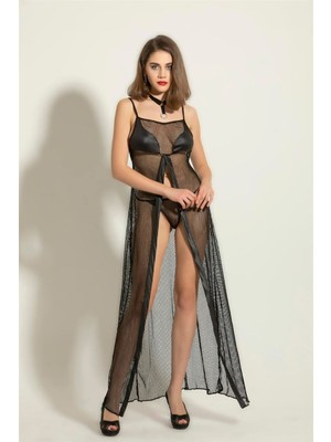 Bemy Store Fantezi File Elbise, String Takım Siyah