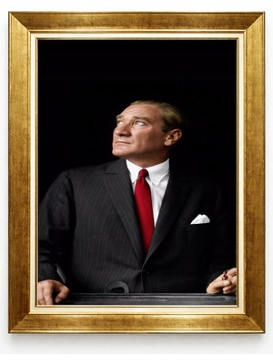 Giyense Tablore Mustafa Kemal Atatürk Kırmızı Kravatlı Klasik Portre Gold Çerçeveli Kanvas Ofis Tablosu