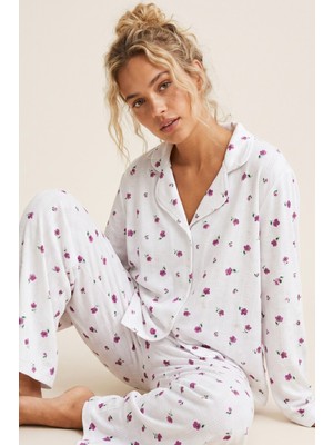 Siyah İnci Beyaz Çiçek Desenli Ajurlu Delikli Pamuklu Örme Düğmeli Pijama Takım 7976
