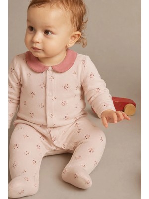 Çıtır Çiçek Desenli Bebe Yaka Tulum 0-9 Ay Pudra Pembe