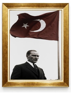 Giyense Tablore Mustafa Kemal Atatürk ve Türk Bayraklı Çerçeveli Kanvas Tablo