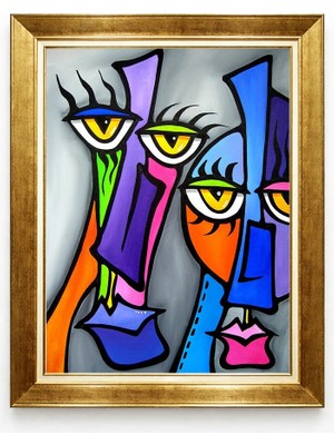 Giyense Tablore Renkli Pop Art Soyut Yüzler Altın Çerçeveli Kanvas Tablo Modern Kubist Duvar Tablosu