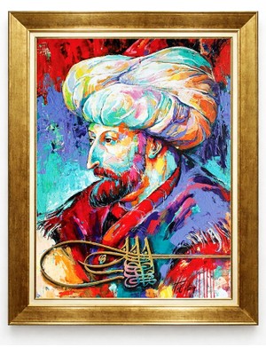 Giyense Tablore Fatih Sultan Mehmet Altın Çerçeveli Kanvas Tablo Tuğralı Osmanlı Tarihi Duvar Tablosu