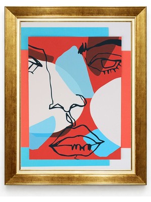 Giyense Tablore Pop Art Soyut Yüz Altın Çerçeveli Tablo Modern Renkli Çizim Genç ve Çalışma Odası Tablosu