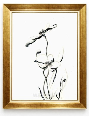 Giyense Tablore Siyah Beyaz Minimalist Çiçek Desenli Altın Çerçeveli Kanvas Tablo Modern Salon ve Yatak Odası Tablosu